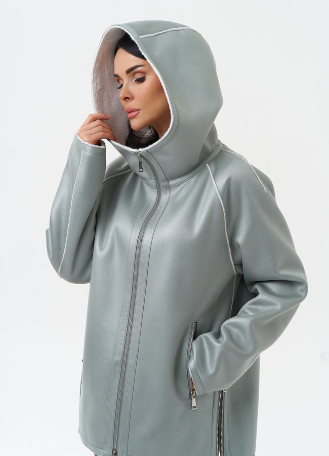 Женская дубленка из эко замши с капюшоном модель № 30204 универмаг малина