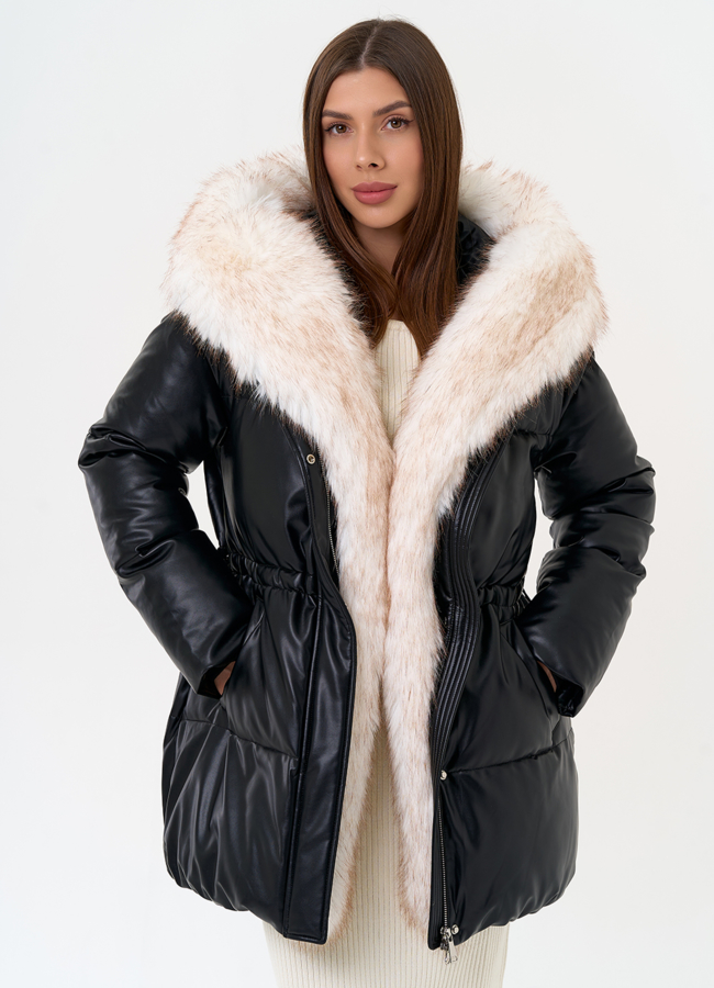 Женский пуховик из эко кожи с отделкой из эко меха модель № 30734 меха малина