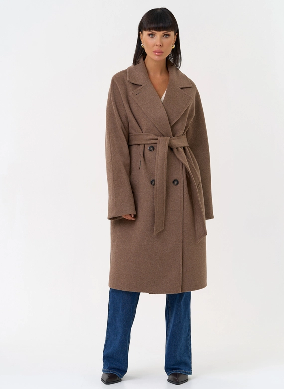 Женское двубортное пальто с поясом  фото