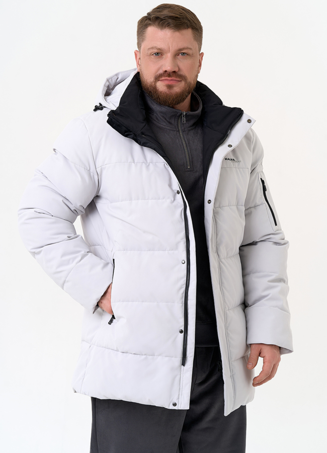 Мужской светлый пуховик с капюшоном модель № 31454 меха малина