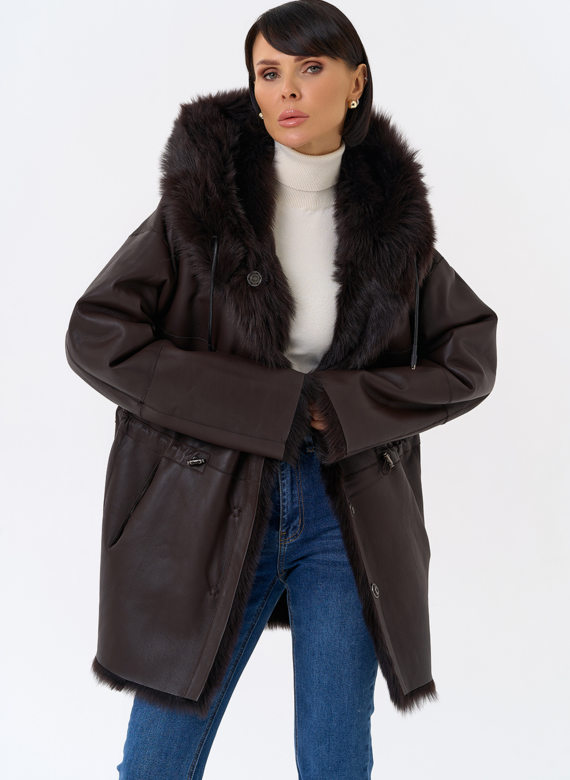 Женская двухсторонняя дубленка с капюшоном