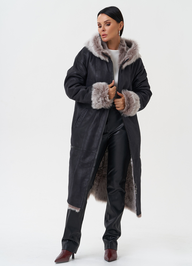 Дубленка с отделкой из тосканы с капюшоном модель № 28699 универмаг малина