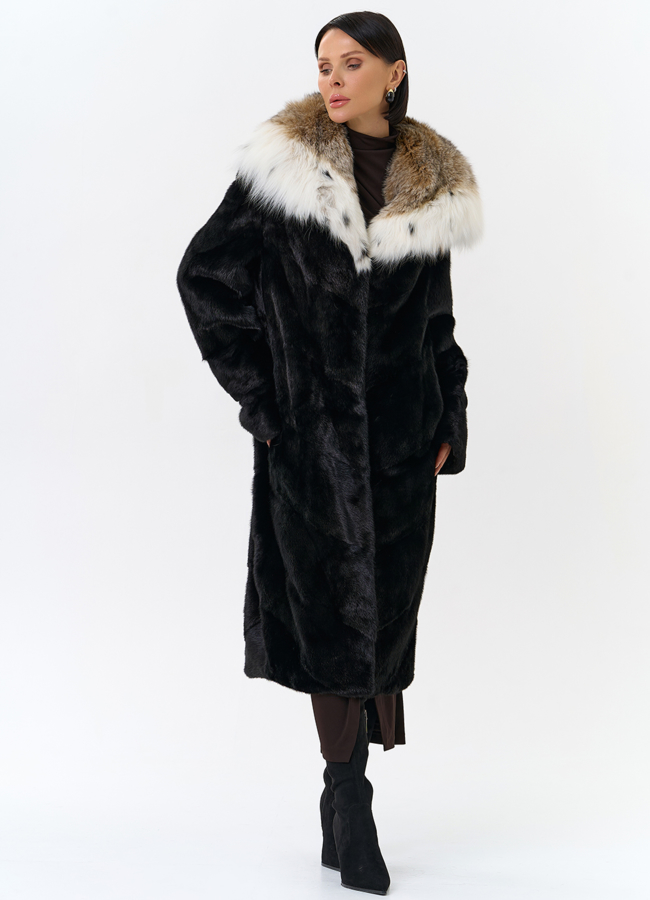 фото Норковая шуба черного цвета с рысью модель № 25004