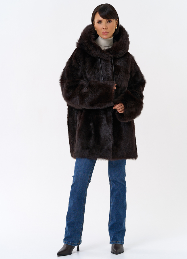 Женская двухсторонняя дубленка с капюшоном модель № 31851 универмаг малина