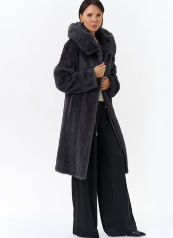 Норковая шуба годе/балетка в роспуск с капюшоном цвета графит