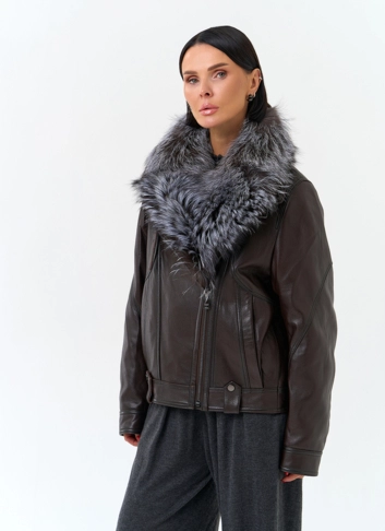 Женский пуховик из натуральной кожи с чернобуркой фото