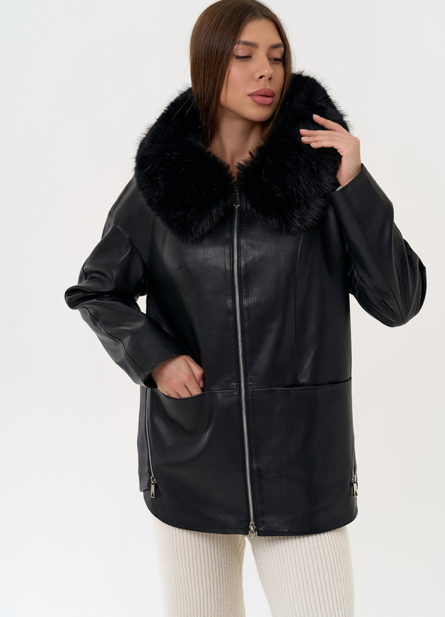 фото Женская утепленная куртка из эко кожи с капюшоном из эко меха модель № 31495