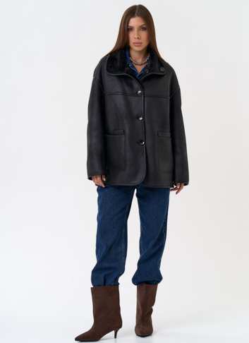 Женская двухсторонняя дубленка из эко замши в черном цвете