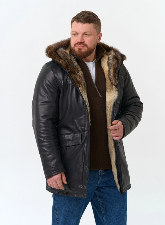 Мужская куртка с капюшоном на мехе из волка фото