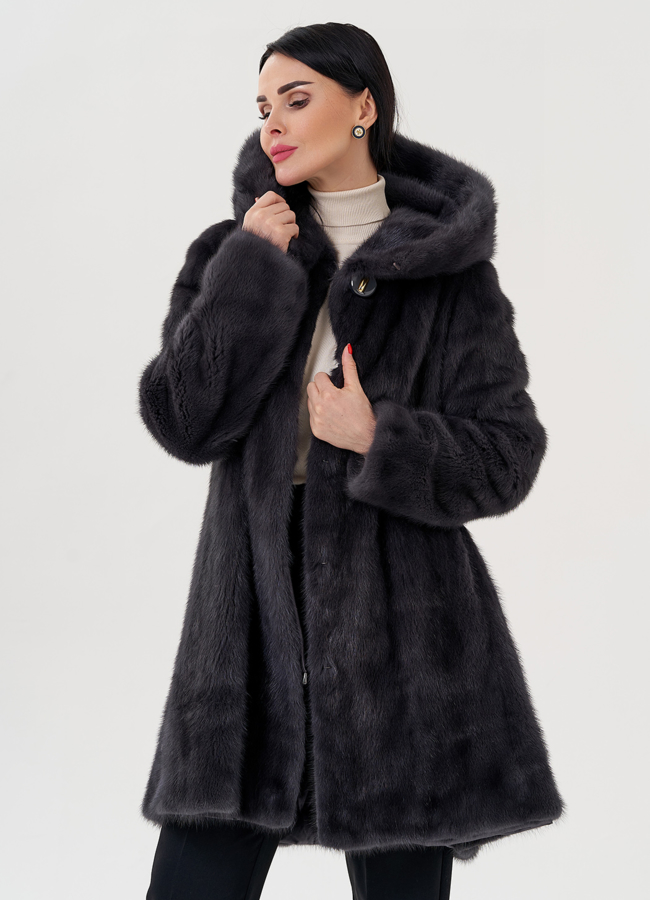 Норковая шуба балетка, в цвете графит с капюшоном модель № 25006 универмаг малина