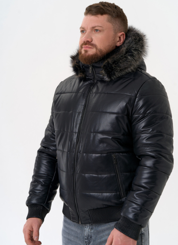 Пуховик из эко кожи черного цвета 