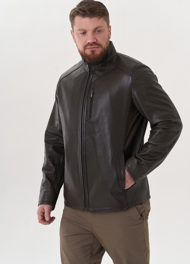 Мужская куртка из натуральной кожи в цвете хаки модель № 26824 меха малина