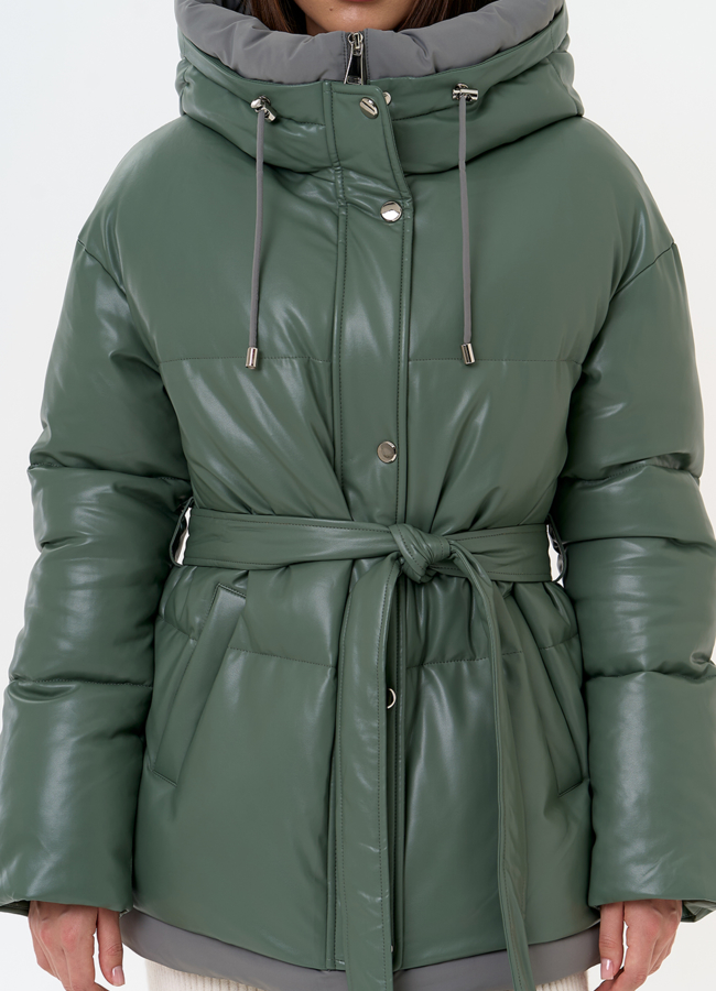 Женский пуховик из эко кожи с поясом модель № 30726 универмаг малина