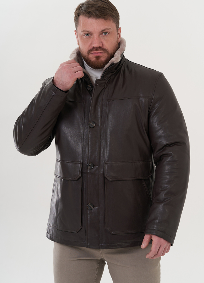 Пуховик из натуральной кожи с капюшоном модель № 26230 универмаг малина