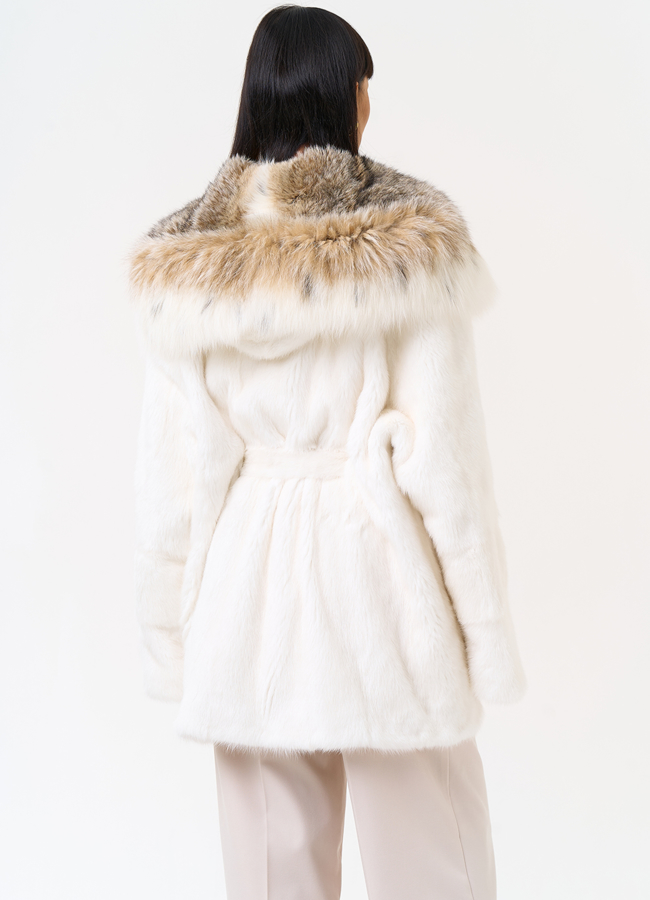 Женская шуба из меха норки с капюшоном из меха рыси модель № 31375 в кредит