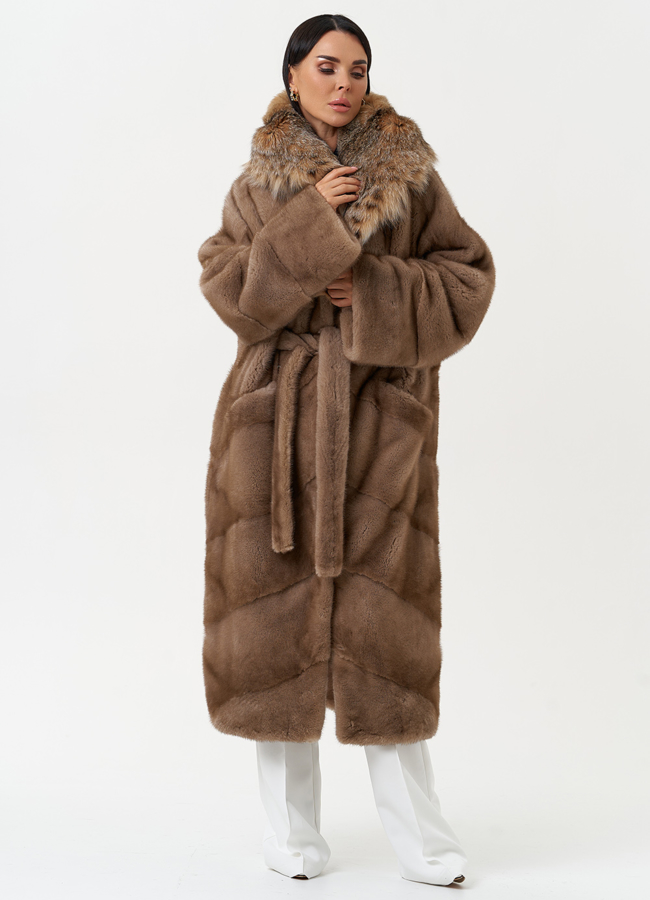 Женская шуба из меха норки с капюшоном из меха рыси модель № 31162 универмаг малина